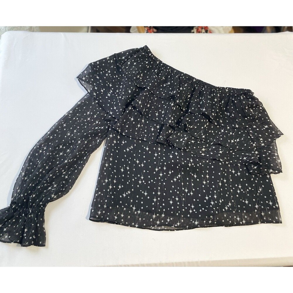 1.STATE Womens XS Black White Star Print One Shoulder Ruffle Blouse